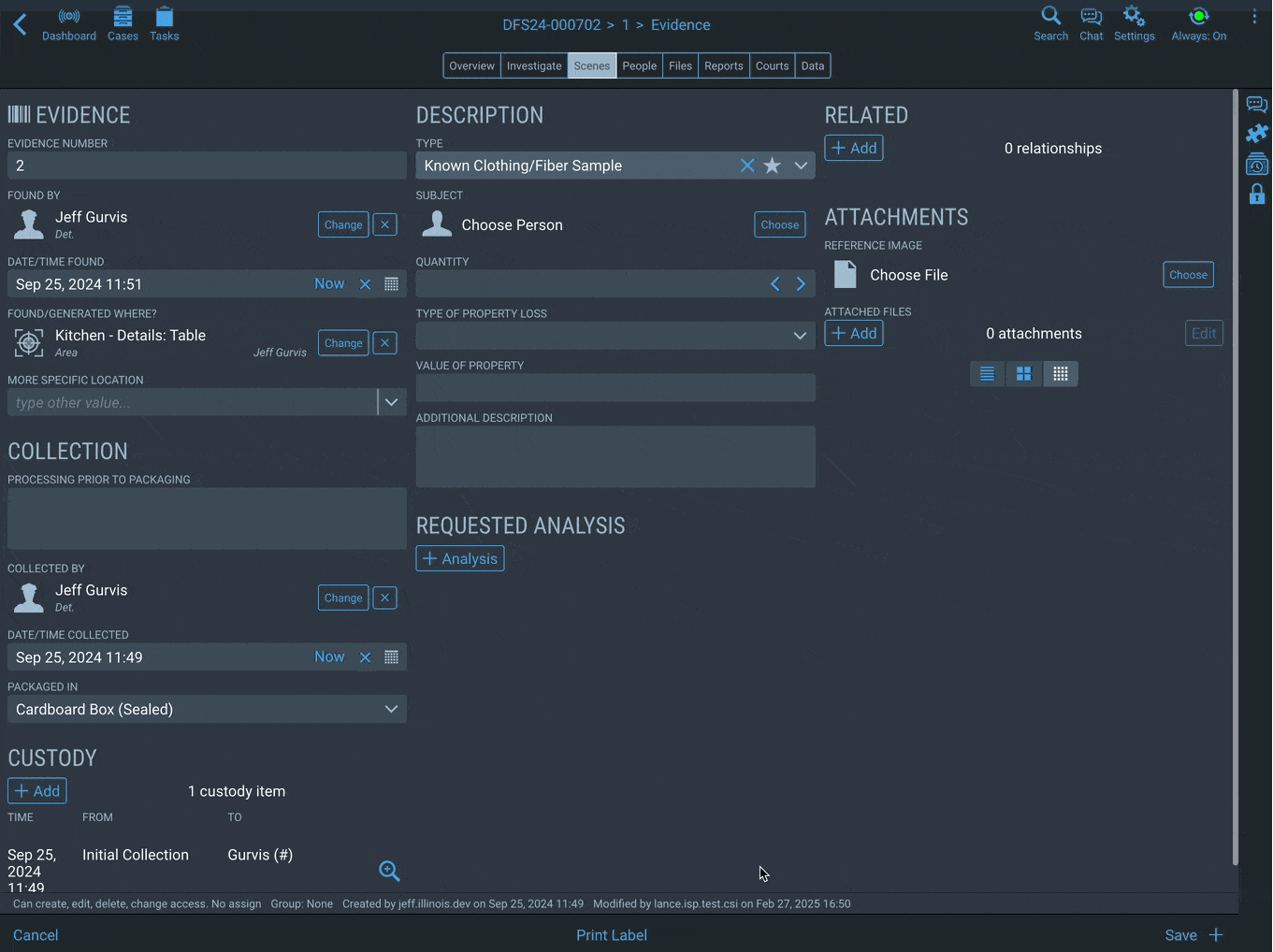 Evidence types screen