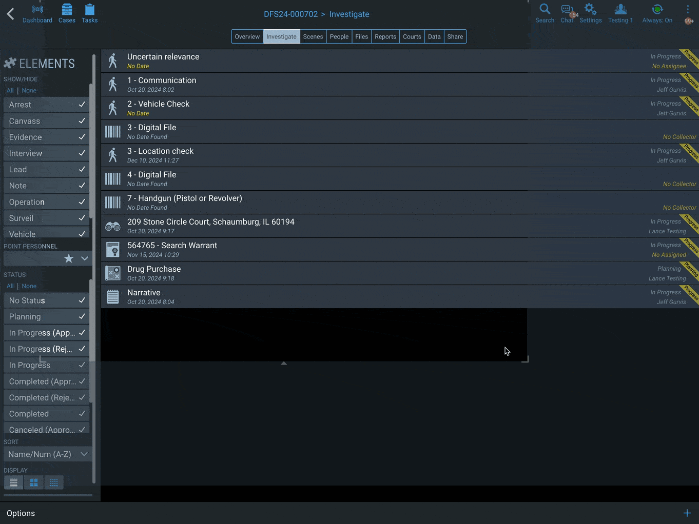 Investigation management screen